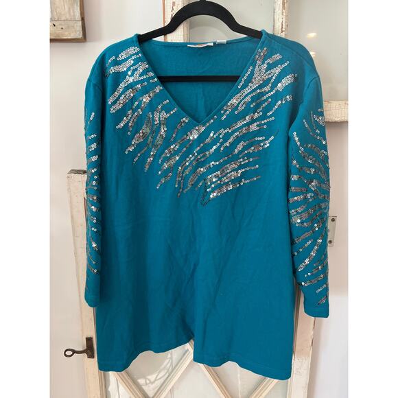 The Quacker Factory size 3X teal v-neck top with embellishments - Picture 1 of 3